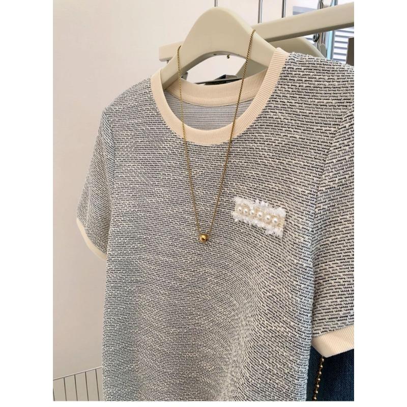 Frühling Sommer Damen Tweed Strick T-Shirt Perlenverziert Kontrast Rundhalsausschnitt Kurzarm Lässig Elegant Grau Oberteil