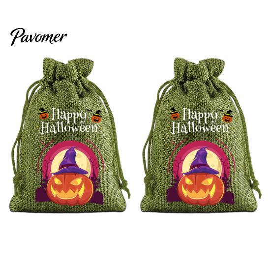 Trick or Treat Party Souvenirs 2Pcs Halloween Pumpkin Drawstring Bags for Candy Treats, Retro Burlap Rustic Linen Goodie Bags, Portable Kids