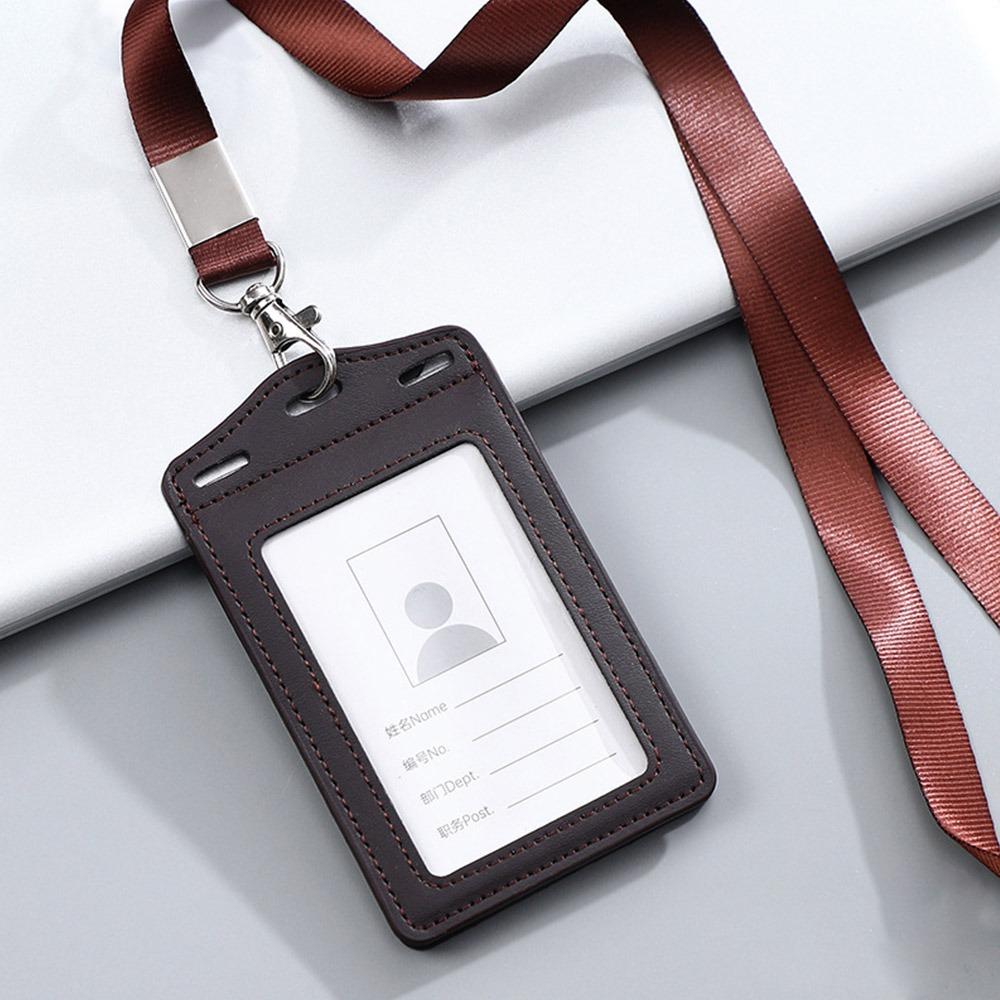 High Quality PU Leather Work Card Holder With Neck Lanyard Solid Color ID Card Cover Chest Cards Cases Business
