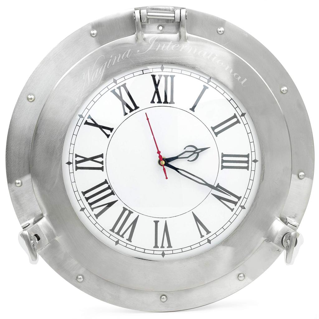 Nagina International Brushed Nickel Aluminum Metal Roman Porthole Clock | Nautical Navy Decor Gifts (12 Inches) TA8-S4Q-MHW