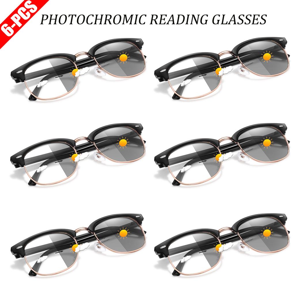 1Pair/3Pairs/6Pairs Photochromic Reading Glasses Metal Half Frame Anti-Blue Eyewear For Surf The Internet Elderly Business Men
