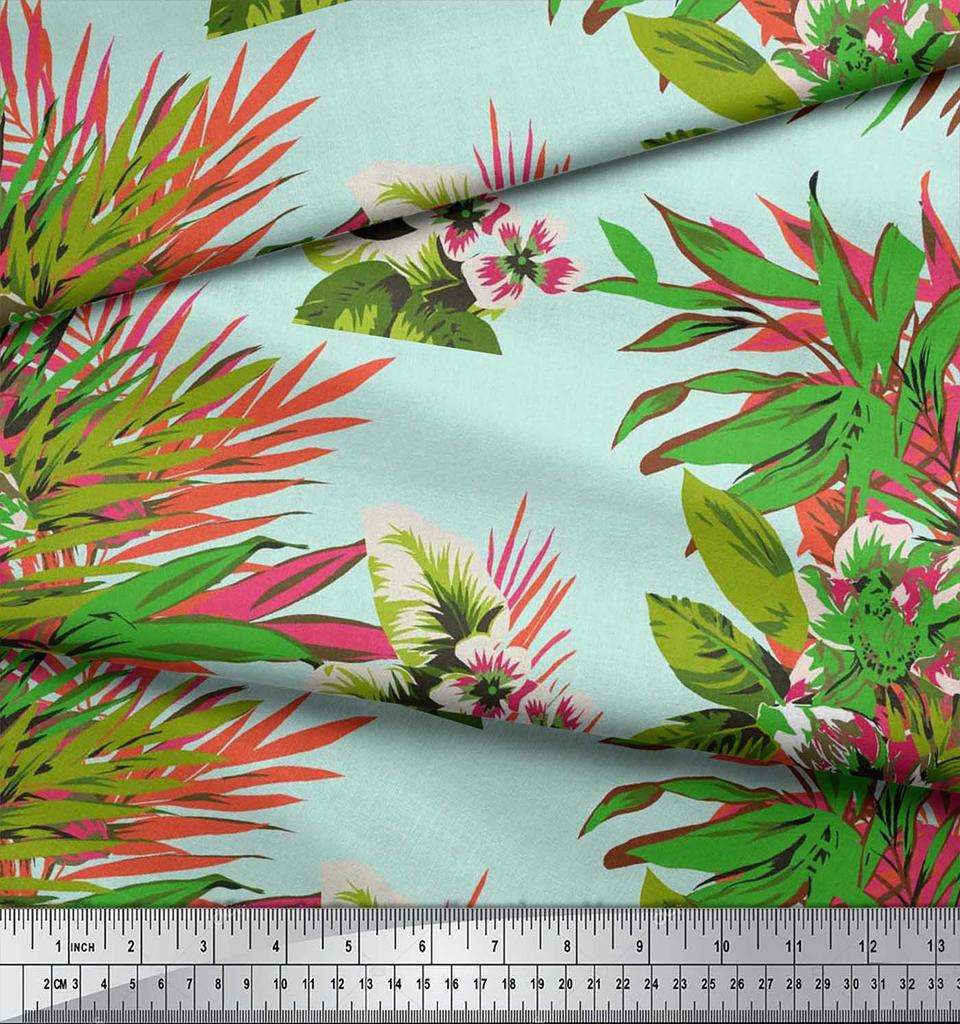 Soimoi Cotton Cambric Fabric Leaves & Lily Flower Print Sewing Fabric Metre 42 Inch