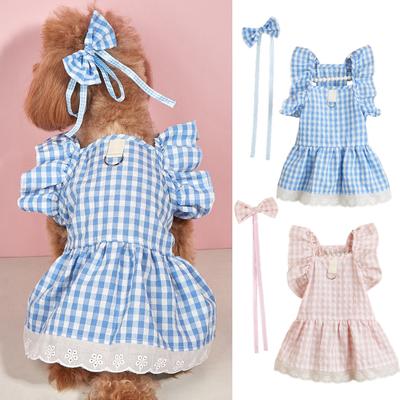 Sommer Hund Kleidung Bogen Ärmel Spitze Kopfschmuck Rüschen Elegante Dressing-Up Saum Pullover Weiche Plaid Kleid Haustier Katze Zwei-beinigen Kleidung
