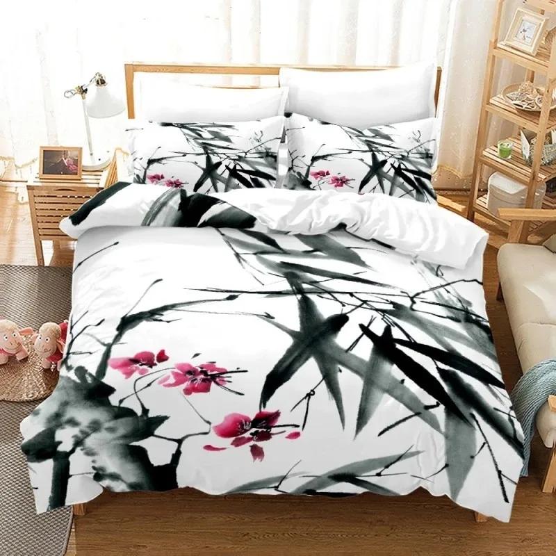 Wash Painting Bedding Set Chinese Style 3D Printed Duvet Cover With Pillowcase Ink And Wash Flower Bamboo Design Comforter Cover