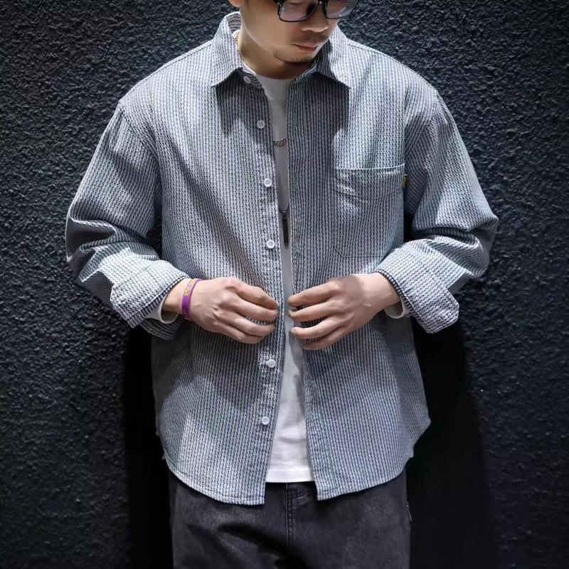 Men's Vintage Turtlenker Trendy All-Match Loose Casual Striped Long-Sleeved Denim Shirt