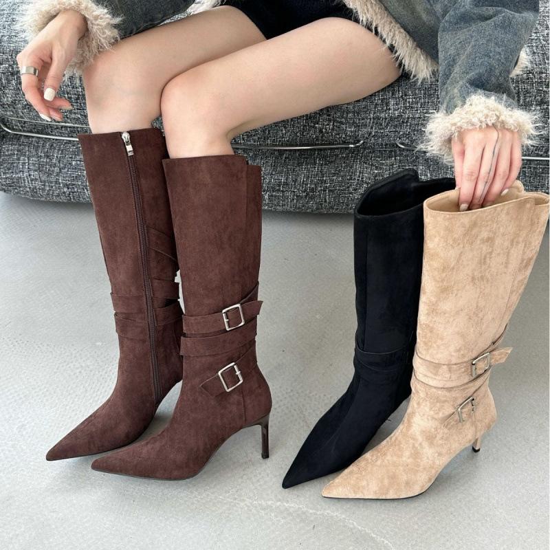 

Retro western cowboy boots 2025 autumn and winter new belt buckle pointed head thin heel thin tall knight boots long boots women 39 коричневый