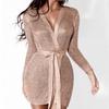 Women Hollow Out Sexy Long Belt Dress Jacket With Knitted Sleeves Elegant Lingerie Robe