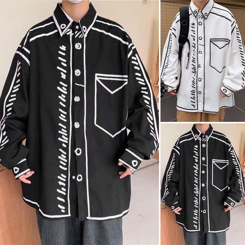 Nadměrná jarní pánská košile s dlouhým rukávem, klopou, kresleným potiskem, ležérní topy