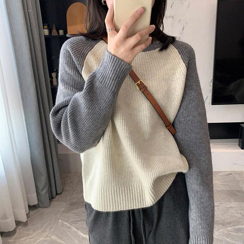Autumn and winter new shoulder sleeve temperament casual color matching round neck long sleeve knitted sweater pullover sweater outside