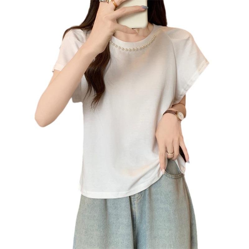 Plus Size Beaded Puff Sleeve Top - Versatile Slimming Summer Short Sleeve T-Shirt