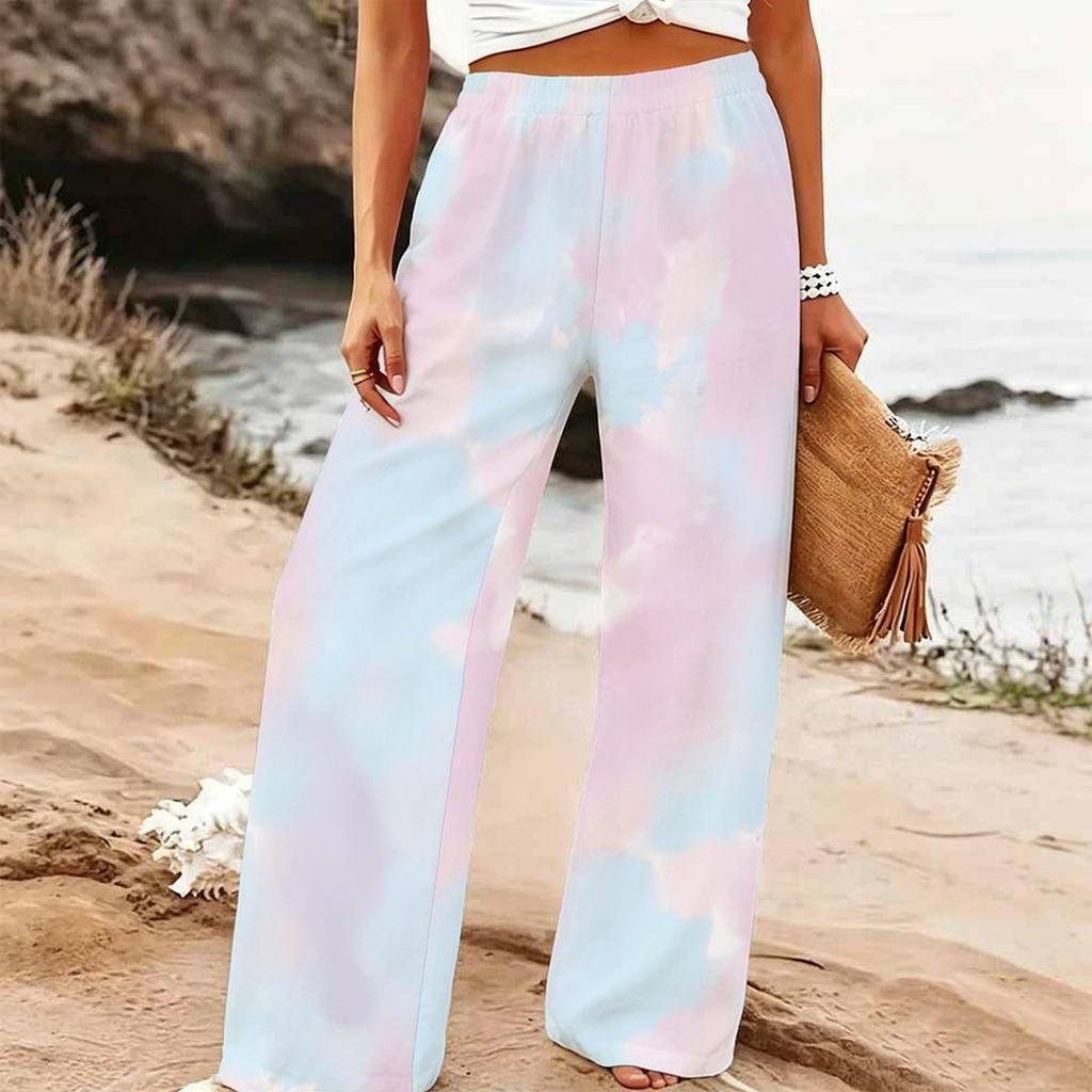 Damen Sommer Strand Weite Hosen Blumenmuster Elastisch Hoher Bund Lockerer Schnitt Lässig Urlaub Palazzo Hosen