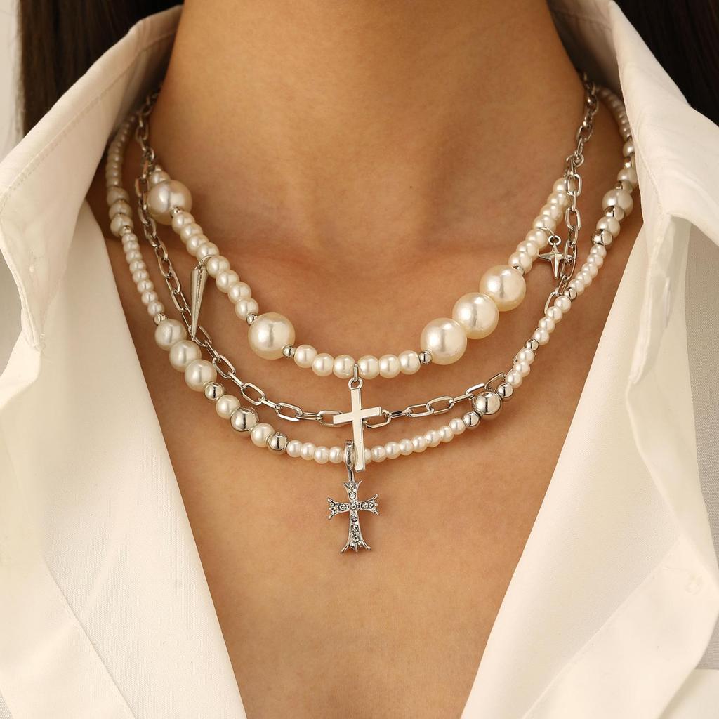 Vintage Style Pearl Bead Layered Necklace with OT Buckle
