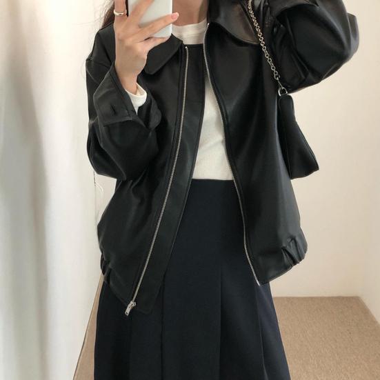 Women Jacket Faux Leather Smooth Surface Turn-down Collar Zipper Closure Stretchy Hem Long Sleeves Motorcycle Coat Travel Outerwear