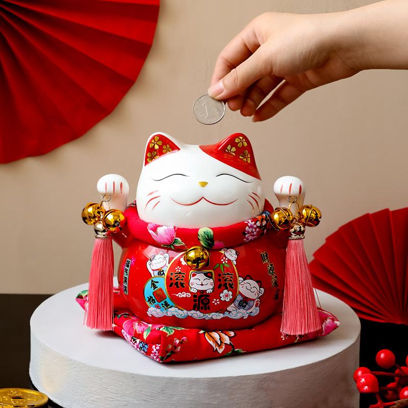 6 inch Ceramic Fortune Cat Money Bank Maneki Neko Lucky Cats Statues Porcelain Happy Smiling Cat Figure Feng Shui Decor Ornament