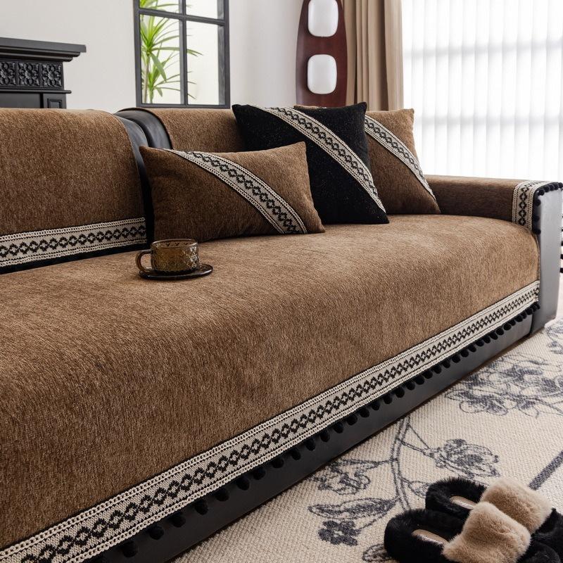 Chenille Sofa Cover with Tassels Four Seasons Universal Sofa Mat Solid Color Anti-Slip Couch Cushion Towel for Living Room