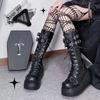Neue Damen Plateau Stiefel Punk Gothic Leder Mid Calf Absatz Doppel Schnallenriemen Klobiger Absatz Bequem Mode Kampfstiefel