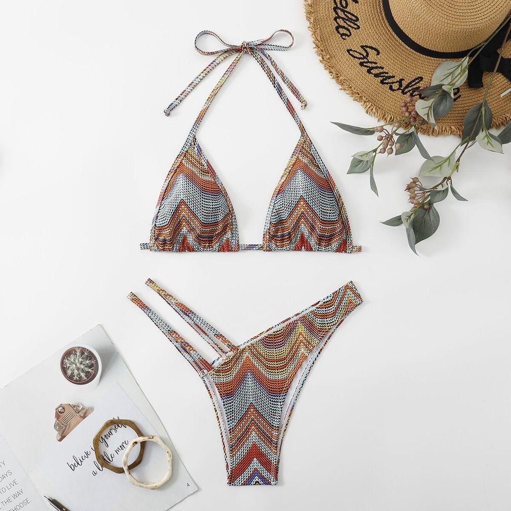 Striped Cutout Halter Bikini Swimsuit for European and American Beach Vacations
