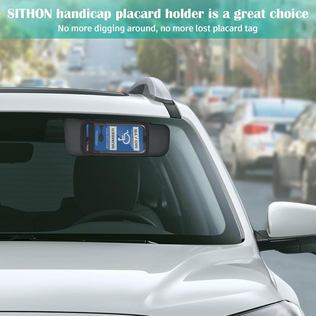 SITHON Handicap Placard Holder For Car Visor, Disabled Parking Permit Sign Protector With Pen Holder, Card Slots And Elastic Strap, Black