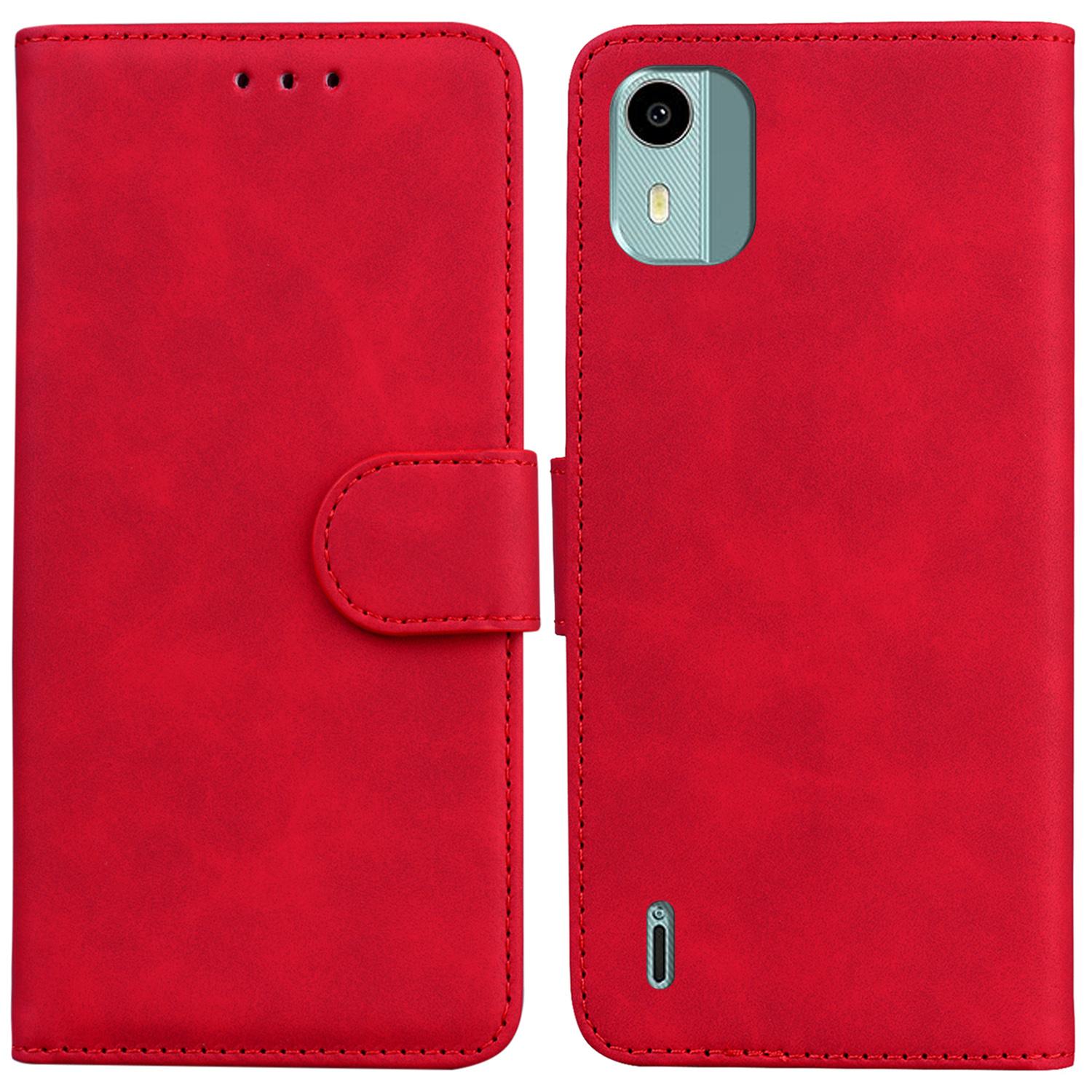 

For Nokia C12 4G/C12 Plus/C12 Pro Solid Color Leather Case Flip Wallet Stand Smartphone Cover Red
