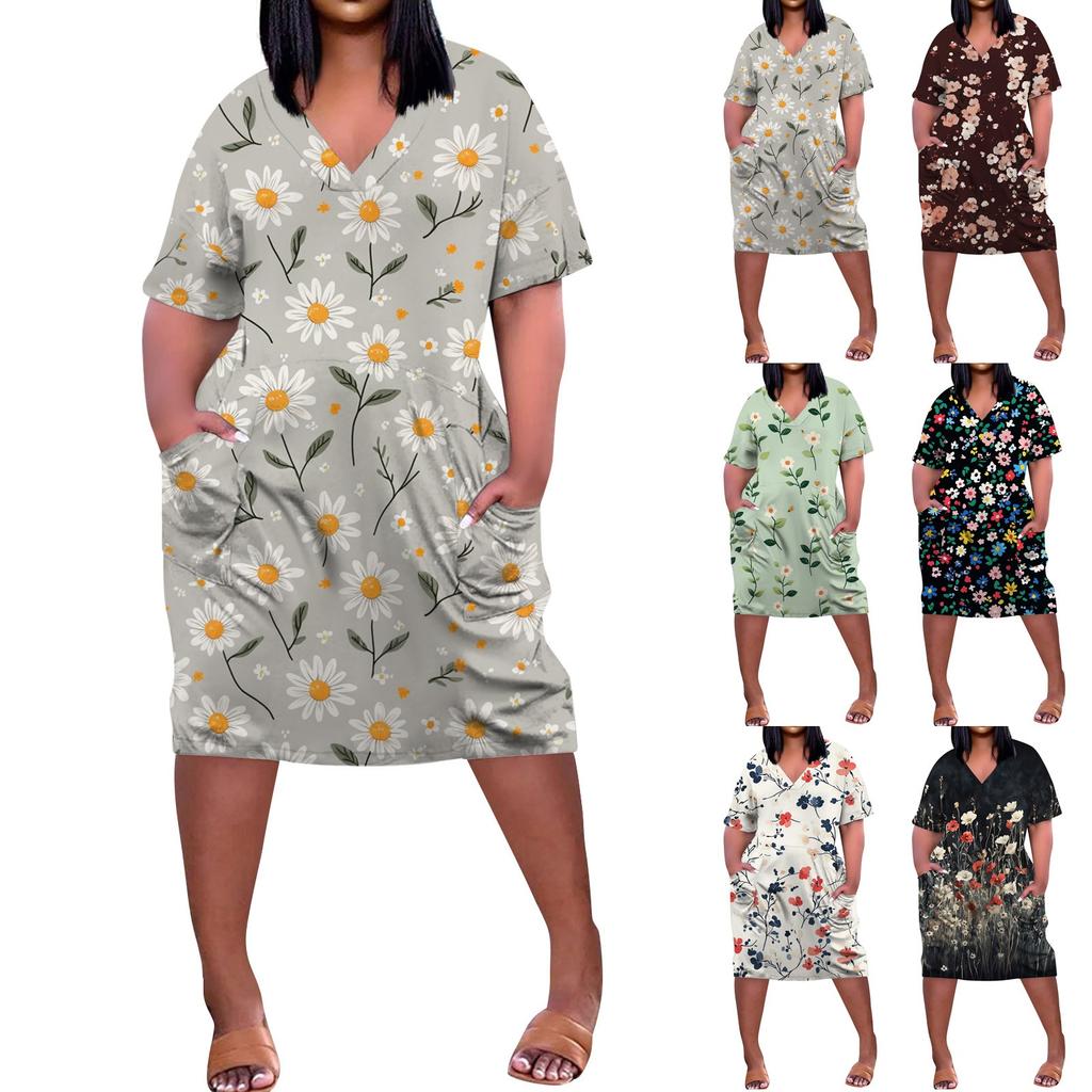 Summer Plus Size V Neck Short Sleeve Knee Pocket  Print Casual Dress For Women