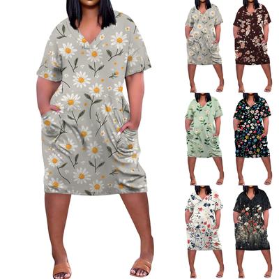 Summer Plus Size V Neck Short Sleeve Knee Pocket  Print Casual Dress For Women