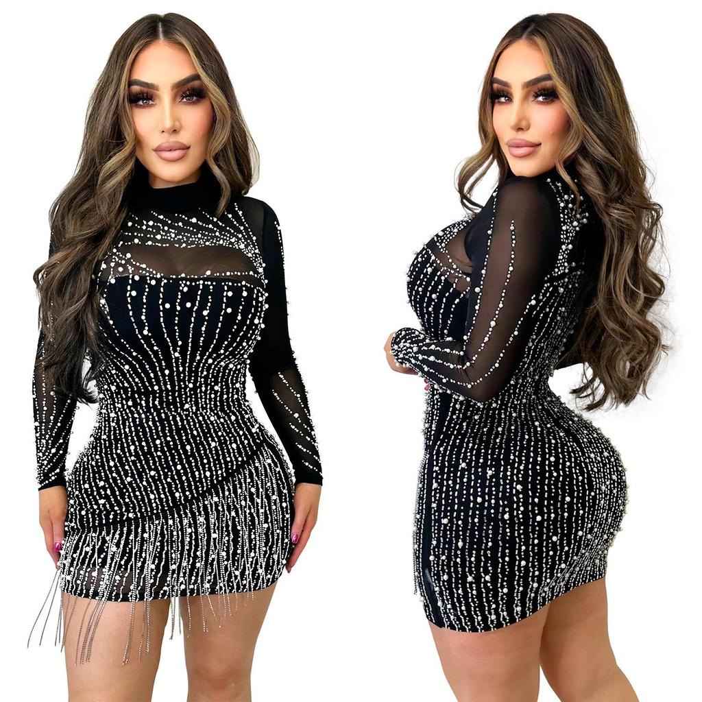 C6381 European & American Fashion Women's Long Sleeve Mesh Bubble Bead Short Dress