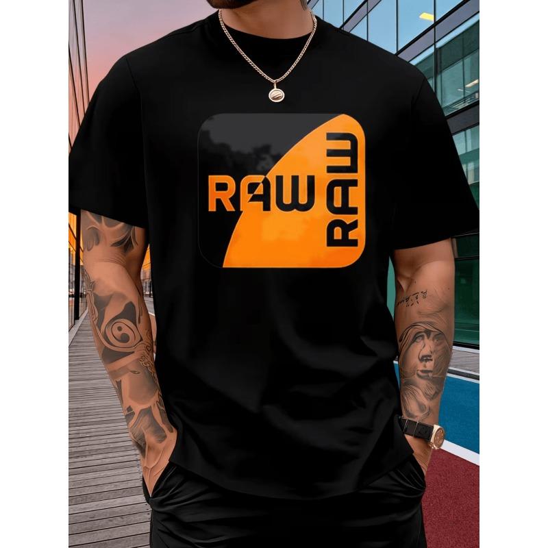 European Size Men's RAW Logo T-Shirt - Urban Streetwear Hip-Hop Tee with Bold RAW Logo Print, Soft Breathable Round Neck Short Sleeve Summer Top