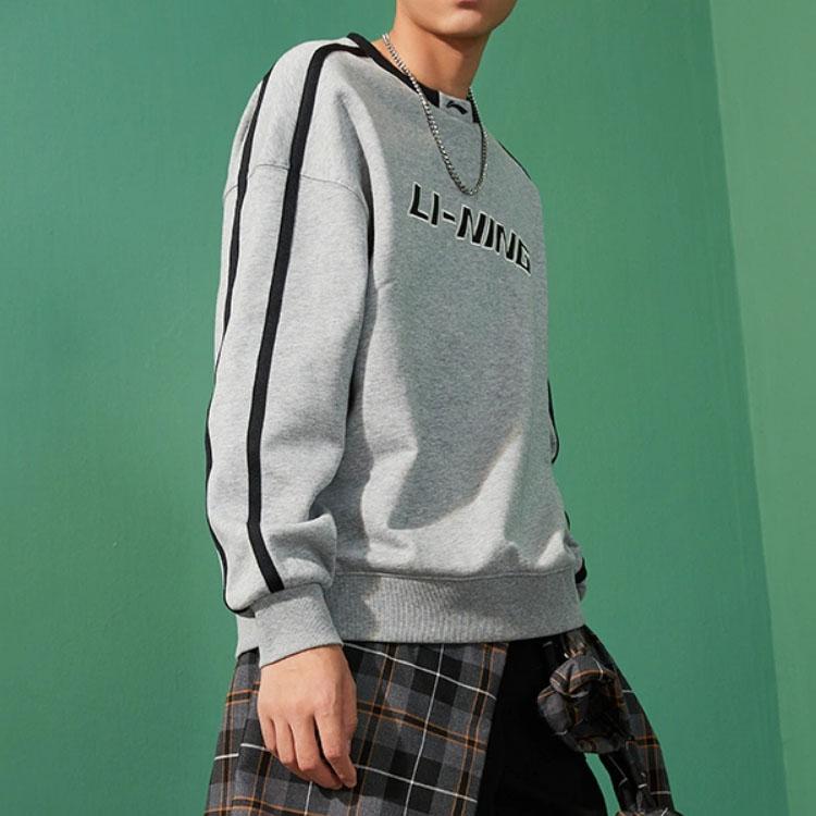 Li Ning Sportlicher Lifestyle Serie Lockerer Rundhals-Pullover Warmes Fleece-Sweatshirt Unisex-Sweatshirt Blume-Grau AWDU917-5