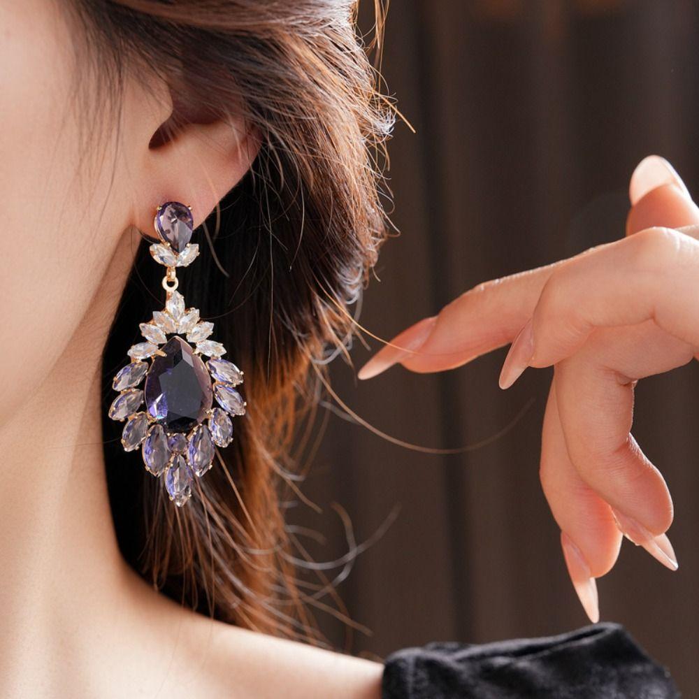 Light Luxury Rhinestone Drop Earrings Exaggerated Ear Jewelry Vintage Crystal Earrings  Gift