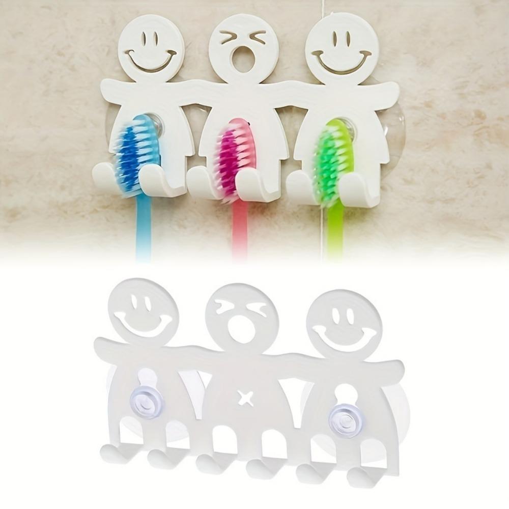 1pc Cute Cartoon Smile Face Toothbrush Holder, Wall-Mounted Suction Cup Bathroom Organizer, Non-Scented Plastic Bathroom Accessory