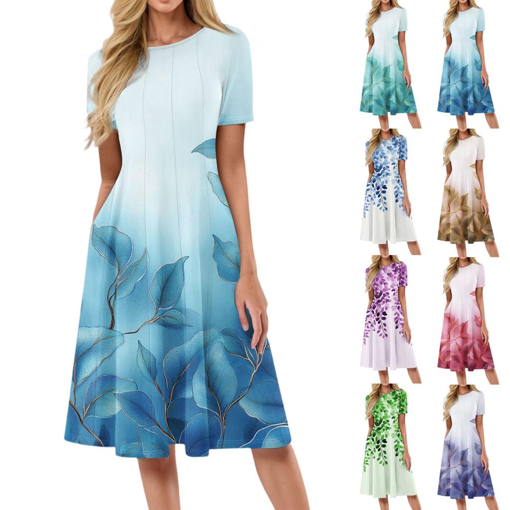 Women's Fashionable Print Round Neck Loose Short Sleeved Pocket Pullover Dress