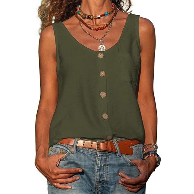 Summer New Solid Color V-neck Vest Button Sleeveless Pocket Tank Top Office Lady Commuter T-shirt Off Shoulder Simple Blouse