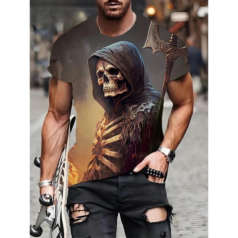 Men's Horror Skull Print T-Shirt 3D Print Vintage O-Neck Short Sleeve Fashion T-Shirts Men's Summer Street Clothing