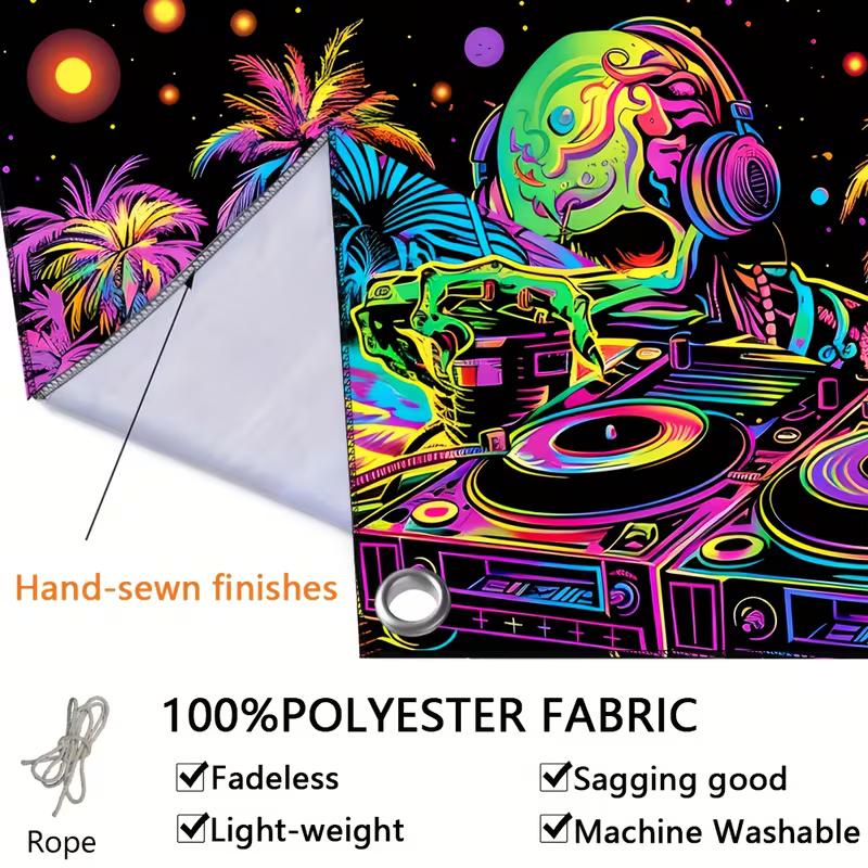 Glow in The Dark Skull DJ Tapestry, Blacklight Party Wall Art with Neon Palm Trees for Bedroom & Club