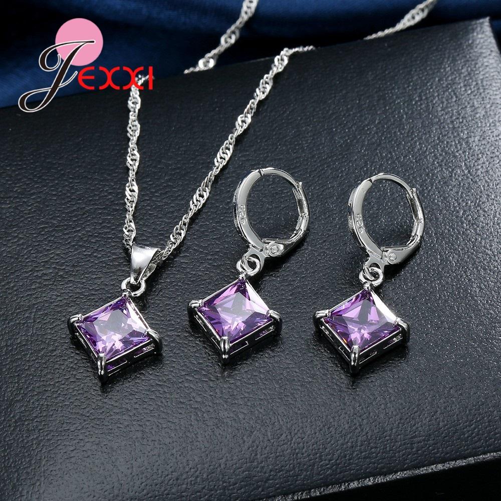Exquisite Beautiful Colorful Square Crystal Girlfriend Gift Engagement Jewelry 925 Sterling Silver for Fashion Women