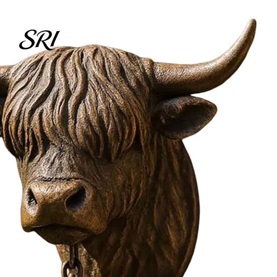 Backyard Gate Bell Highland Cow Head Doorbell with Welcome Sign Rustic Wall Mounted Vintage Style Resin Hanging Decor for Farmhouse Porch Entryway