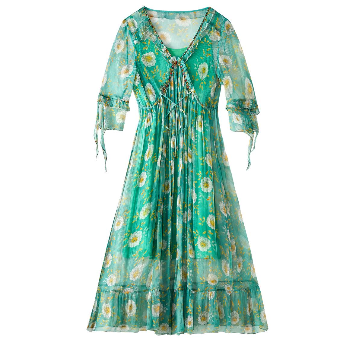 

Элегантное пляжное платье из двух частей зеленого шелка цвета тутового шелкопряда L зелёный