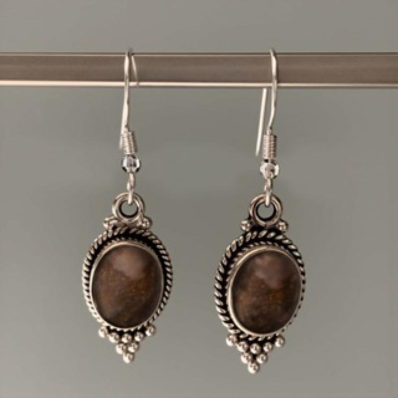 Retro and Trendy Oval Inlaid Stone Pendant Earrings, Women s Personalized Ethnic Style Holiday Accessories Gifts