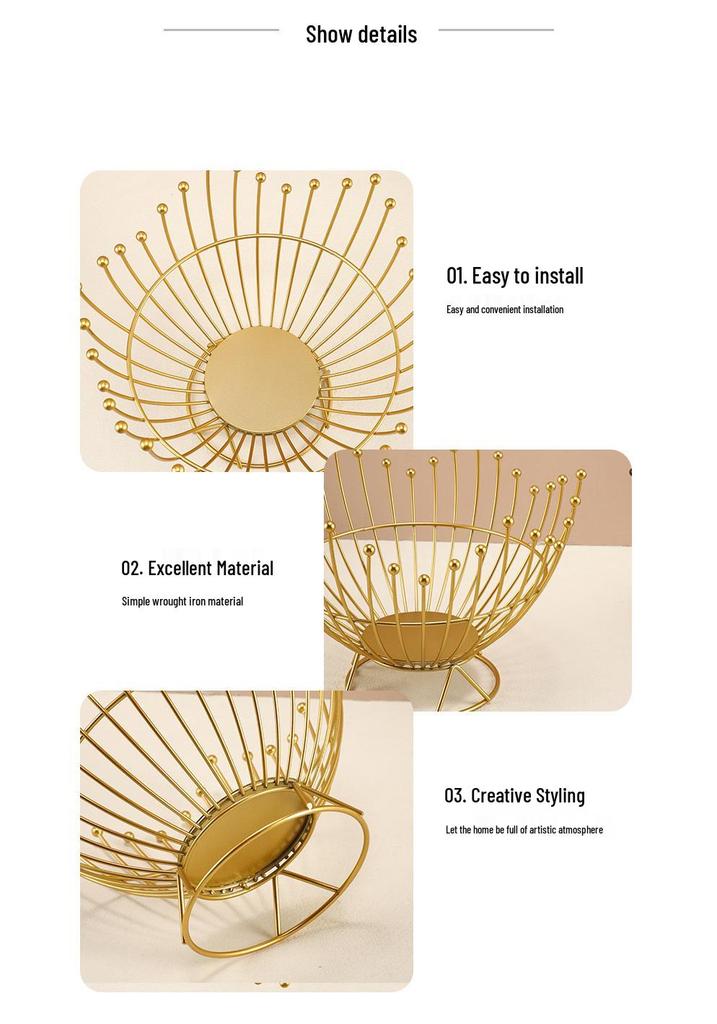 Gold Wrought Iron Fruit and Candy Display Basket for Living Room