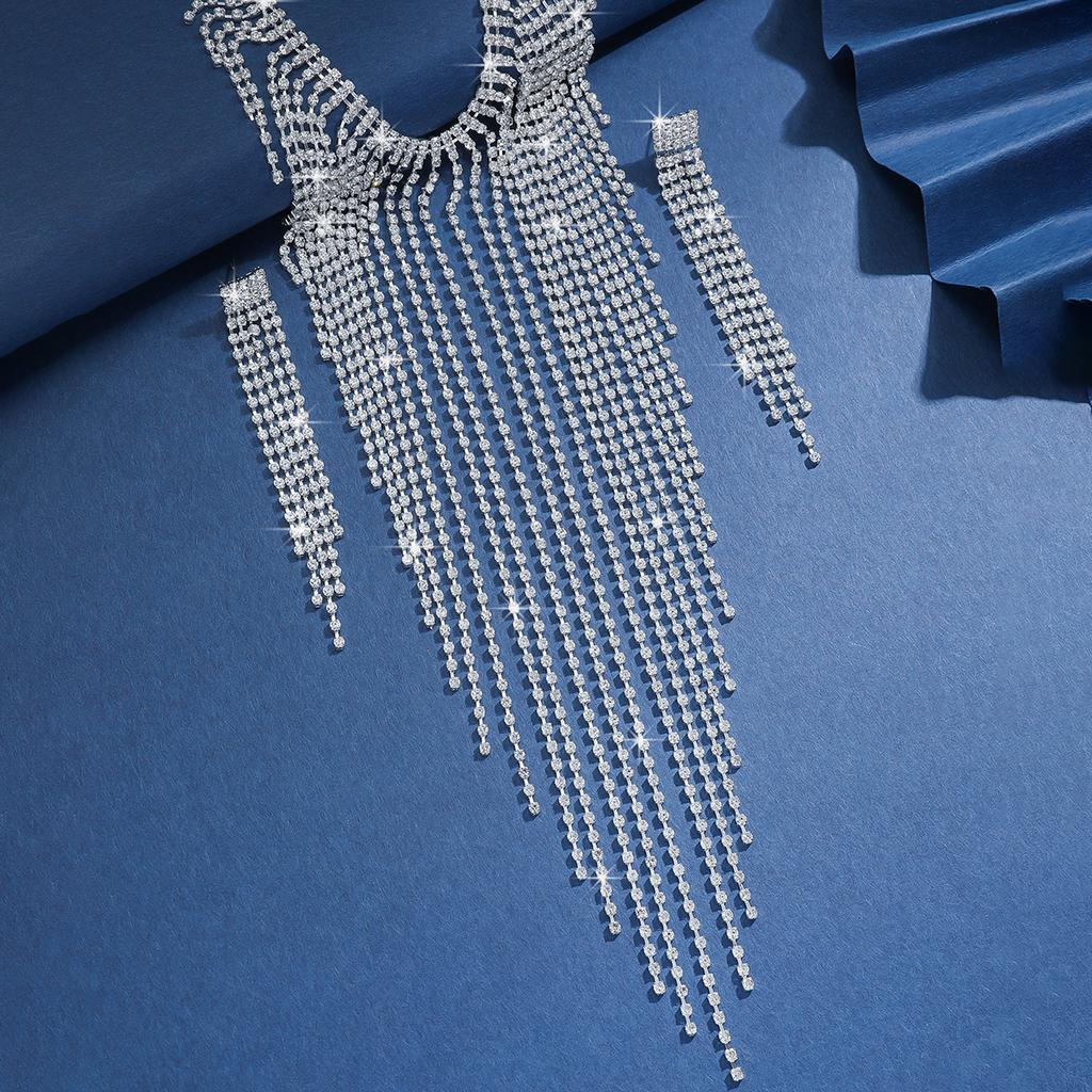 3PC Women's Fashion Copper Claw Chain Series Long Tassel Necklace Earrings Zircon Set Wedding Banquet Party Holiday Gift