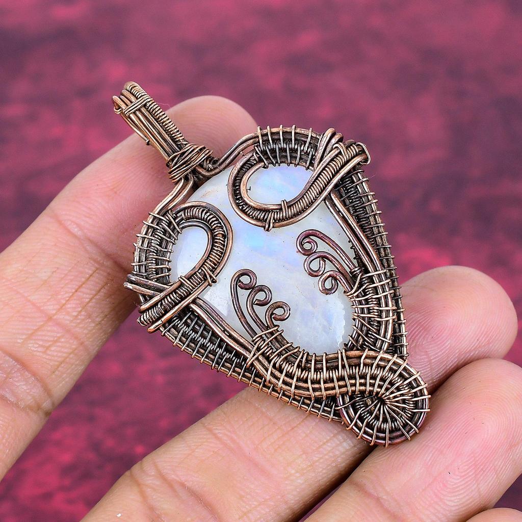 Rainbow Moonstone Gemstone Pendant Copper Wire Wrapped Jewelry Handmade Pendant