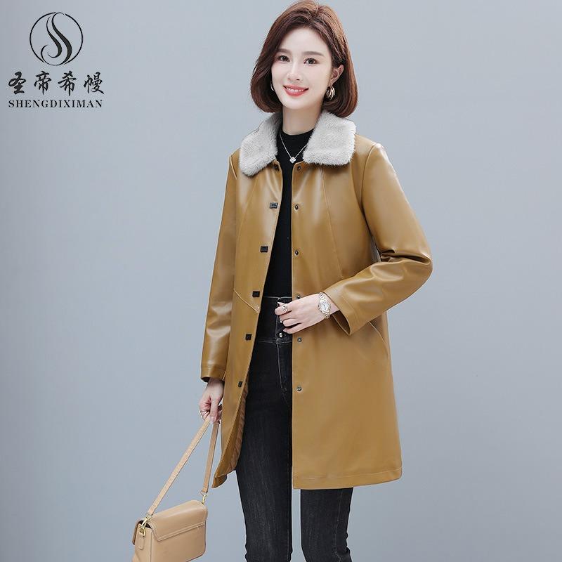 Autumn and Winter New Leather Jacket Women's Haining High-end Padded Fur Collar Leather Trench Coat Room Women's Leather Jacket