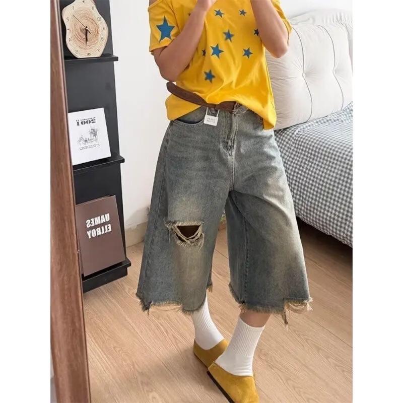 Women s High-Waist Ripped Wide-Leg Cropped Denim Jeans M