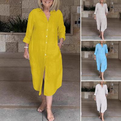 Women's Long Sleeve Button Down Shirt Dress Loose Cotton Linen V Neck Long Dress with Pockets Summer Casual Outfit
