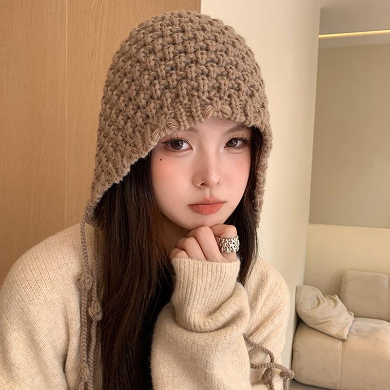 Sweet Handmade Autumn Winter Knitted Beanies Hat Wool Warm Ear Protection Hat Windproof Tassel Pullover Hat