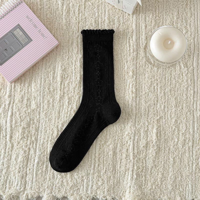 Spring/Summer Lightweight Children's Lace-Free Breathable Ear-Notched Padded Stockings with Bubble Edges and Lace Mid-Calf Length Socks