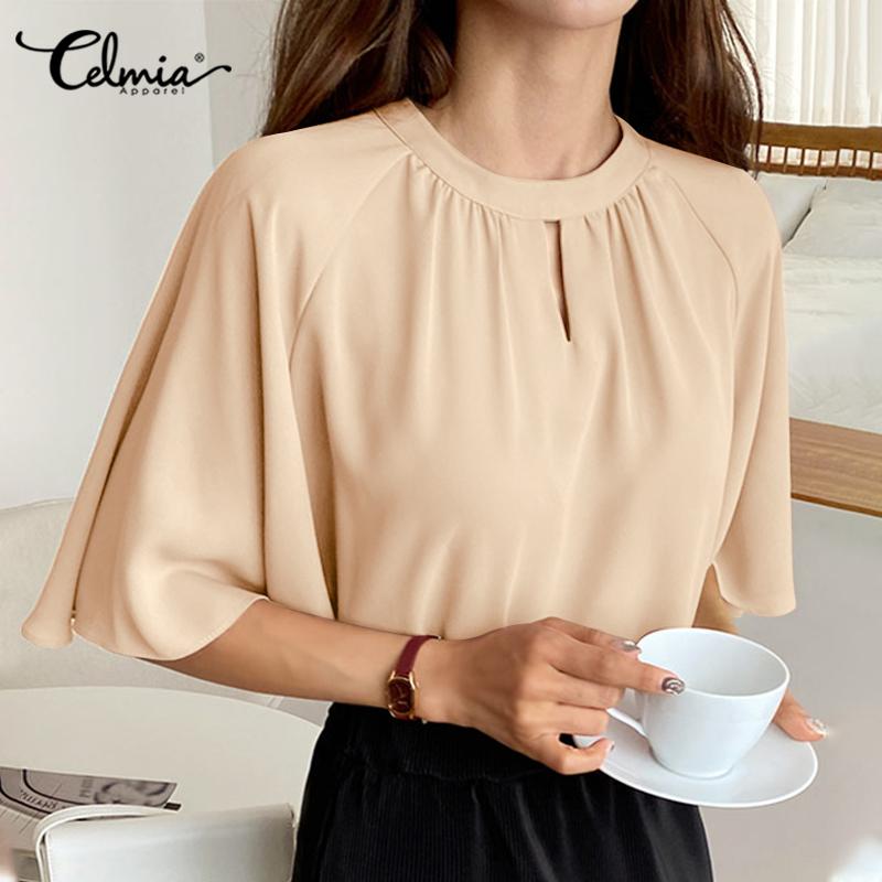 

Celmia Лето Женщины Половина Рукав Блузка Круглый Вырез Элегантный Сплошной Цвет Повседневная Свободная Рубашка Плюс Размер Топы