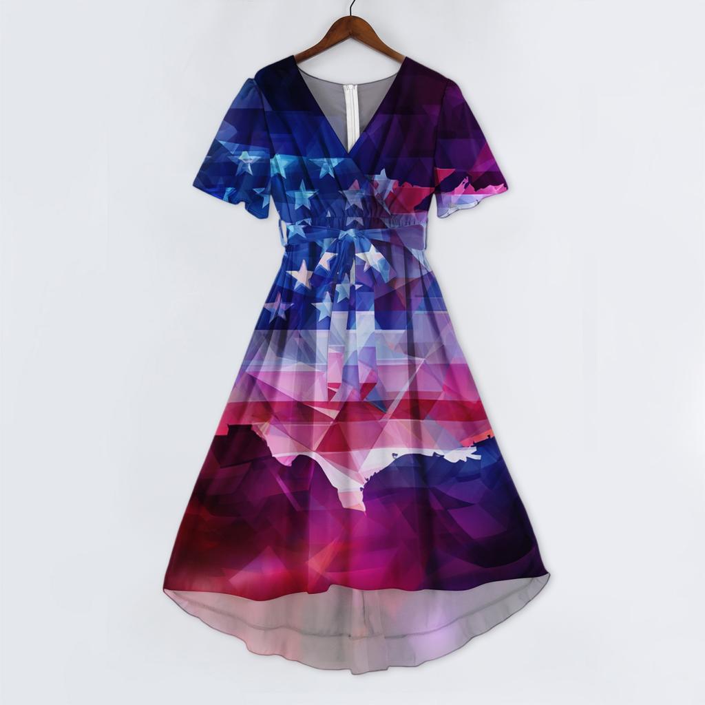Women's Casual V-Neck Short-Sleeve Independence Day Print Dress