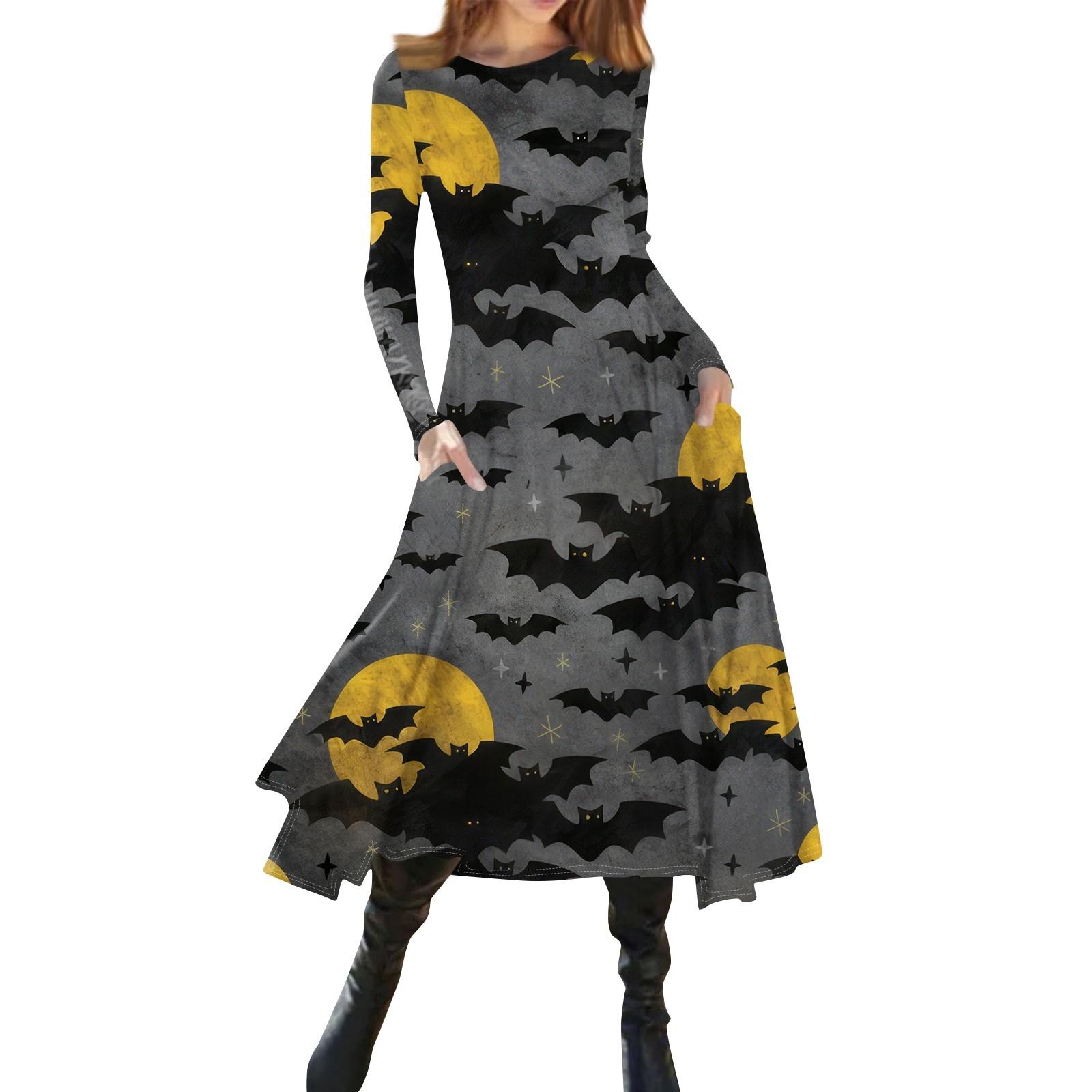 

Женская мода Хэллоуин с принтом с круглым вырезом и длинным рукавом Slim Fit Midi Dress M жёлтый