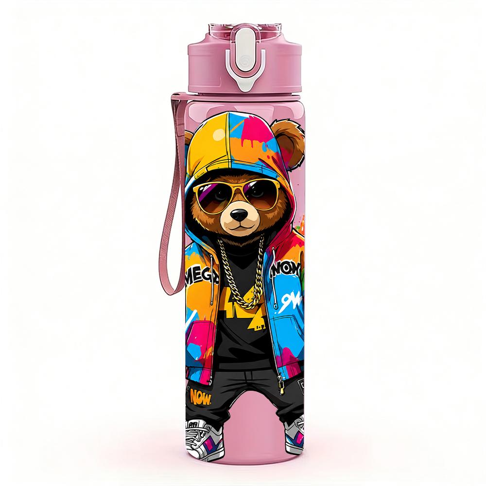 1PC Streetwear Bear Splash Color Figure 750ml Color Plastic Water Bottle Leakproof Flip Straw Lid For Sports Office Home Use